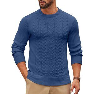 Coofandy Men Blue Crewneck Pullover Twist Textured Fisherman Sweater